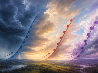 Darstellung von Kaltfront, Warmfront und Okklusion über einer Landschaft