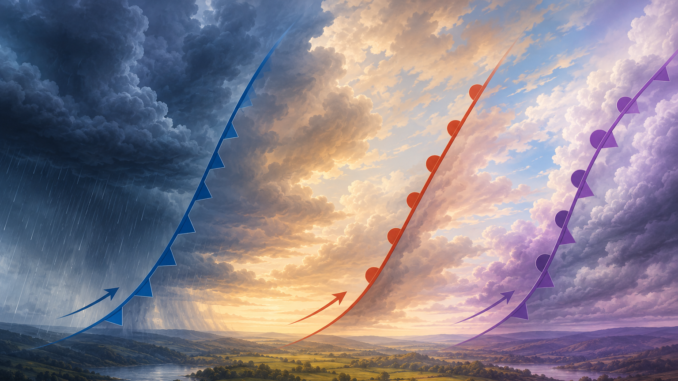 Darstellung von Kaltfront, Warmfront und Okklusion über einer Landschaft