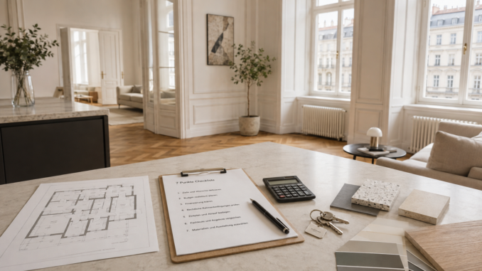 Renovierungsplanung in einer Wiener Altbauwohnung mit Grundriss, Checkliste, Materialmustern und Taschenrechner.