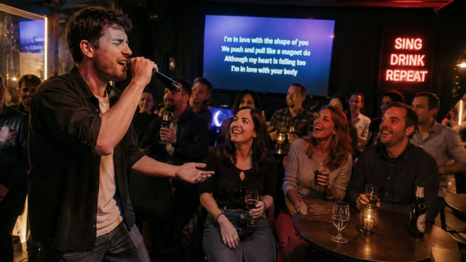 Sänger tritt mit Mikrofon in einer gut besuchten Wiener Karaokebar auf, während das Publikum mitfeiert