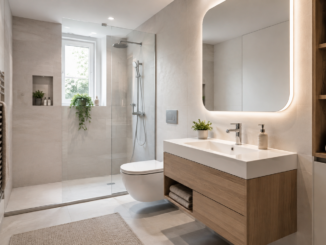 Kleines modernes Badezimmer mit bodengleicher Dusche, großem Spiegel und platzsparendem Waschtisch.