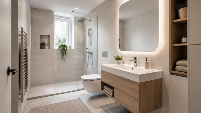 Kleines modernes Badezimmer mit bodengleicher Dusche, großem Spiegel und platzsparendem Waschtisch.