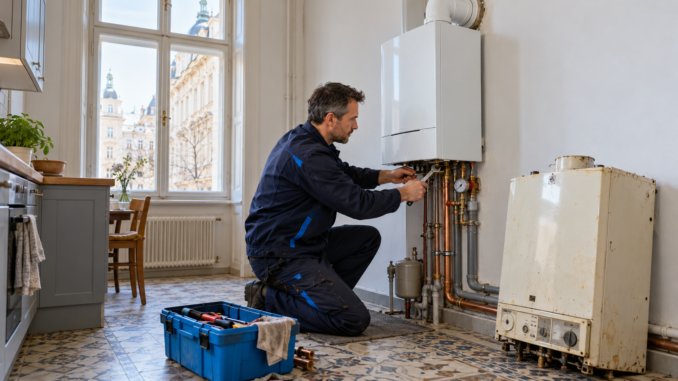 Wiener Heizungsmonteur montiert neue Gastherme